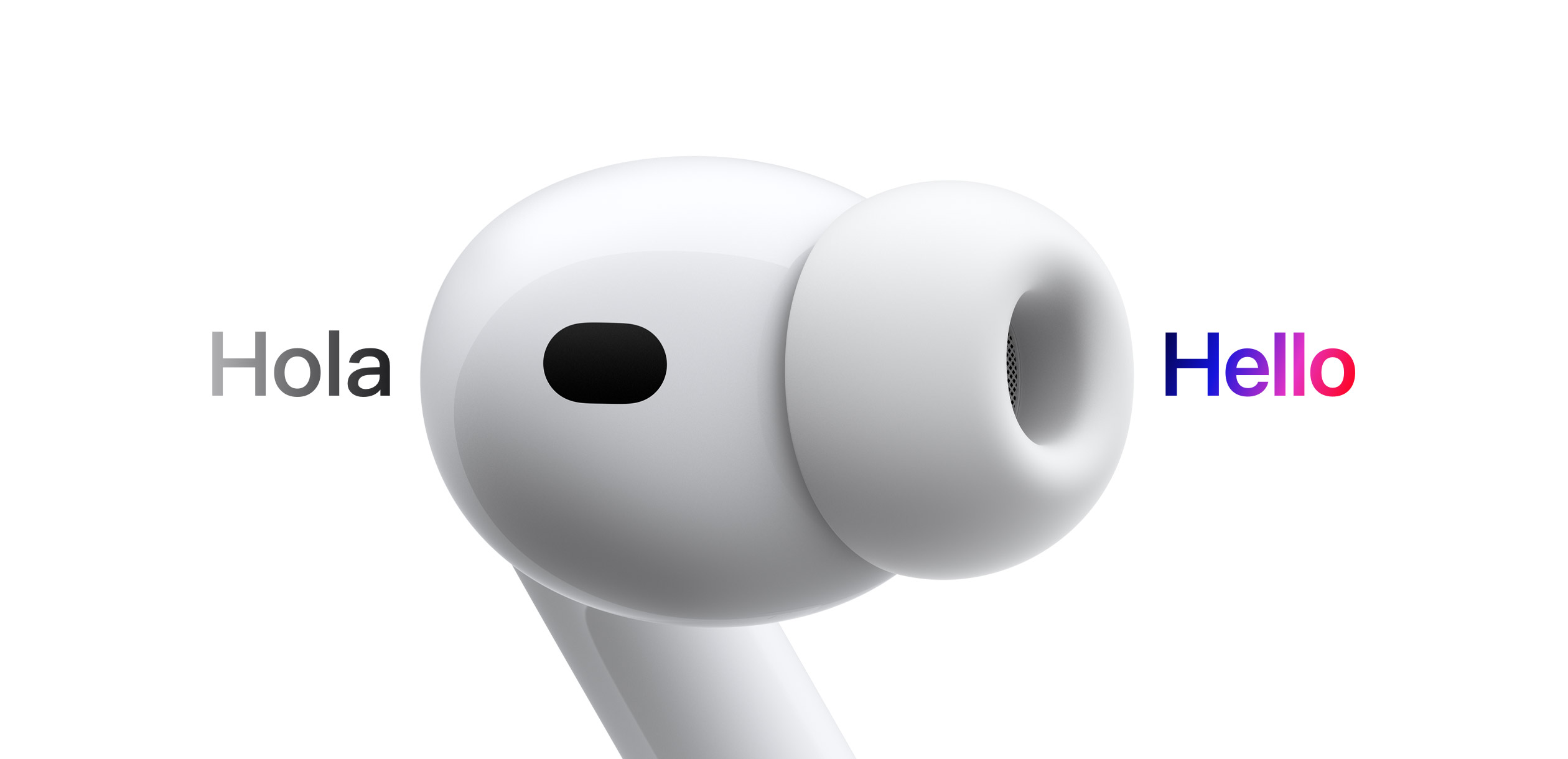 AirPods Pro 3, earbud with silicone tip, Live Translation changes Spanish characters reading ‘hola’ to English text reading ‘hello’