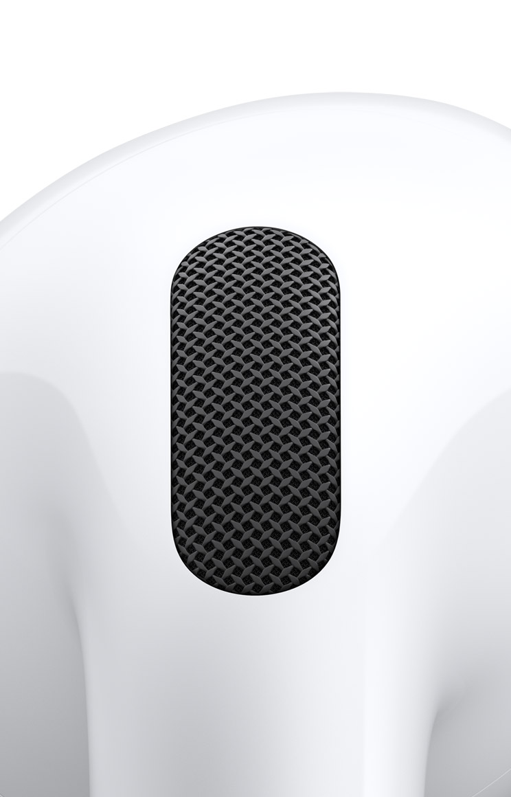 AirPods Pro 3 earbud, close-up of the microphone ports